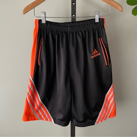 Vintage Adidas Neon 3 Stripe Fleece Lined Athletic Shorts Orange Grey 90s Y2K - Picture 1 of 8